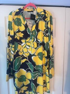 Trina Turk Yellow Green Floral Long Sleeve Dress